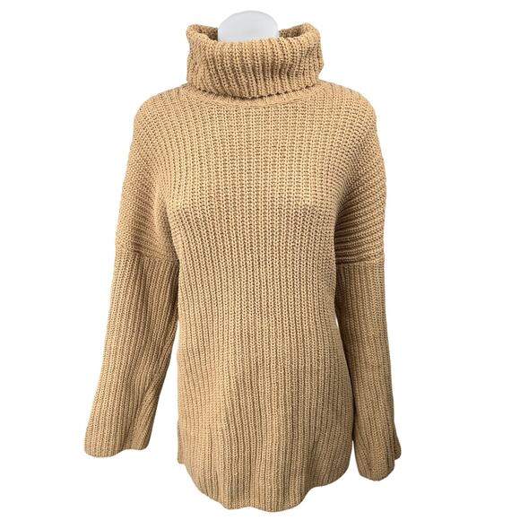 Abercrombie & Fitch Tan Chunky Knit Turtleneck Tunic Mini Sweater Dress Sz L - Picture 1 of 4